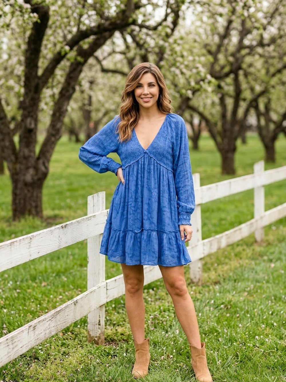 Beyond the Radar Blue V-Neck Long Sleeve Tiered Dress - Women's Size L